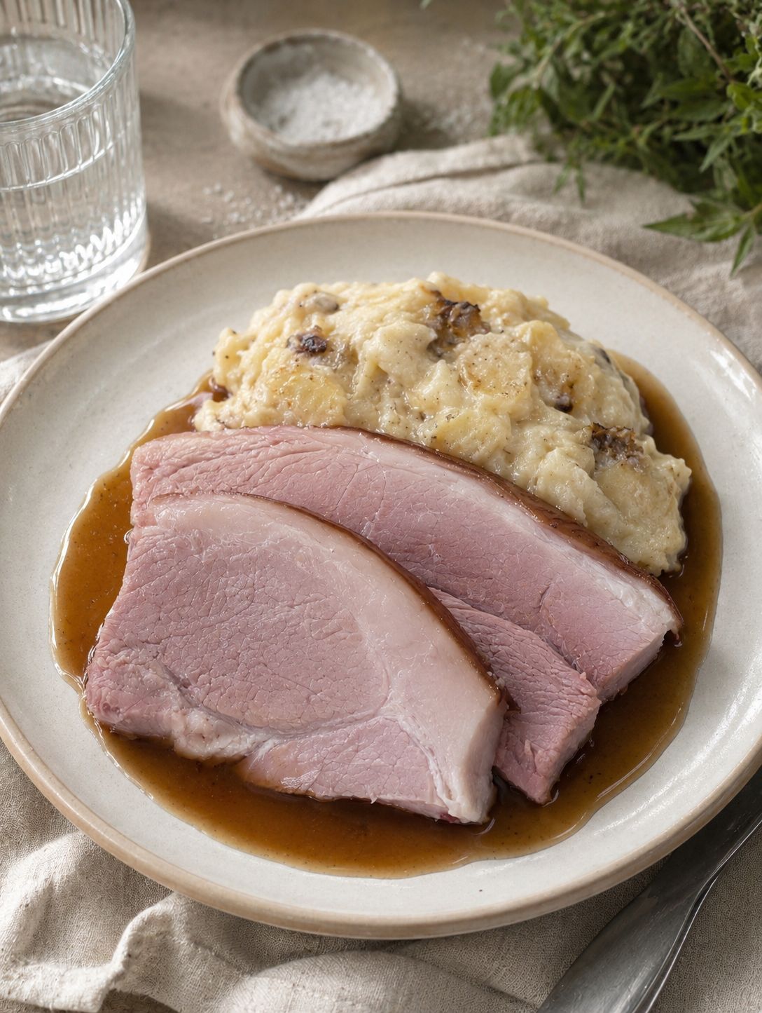 Jambon à l'os accompagné d'un gratin dauphinois (sauce au choix)